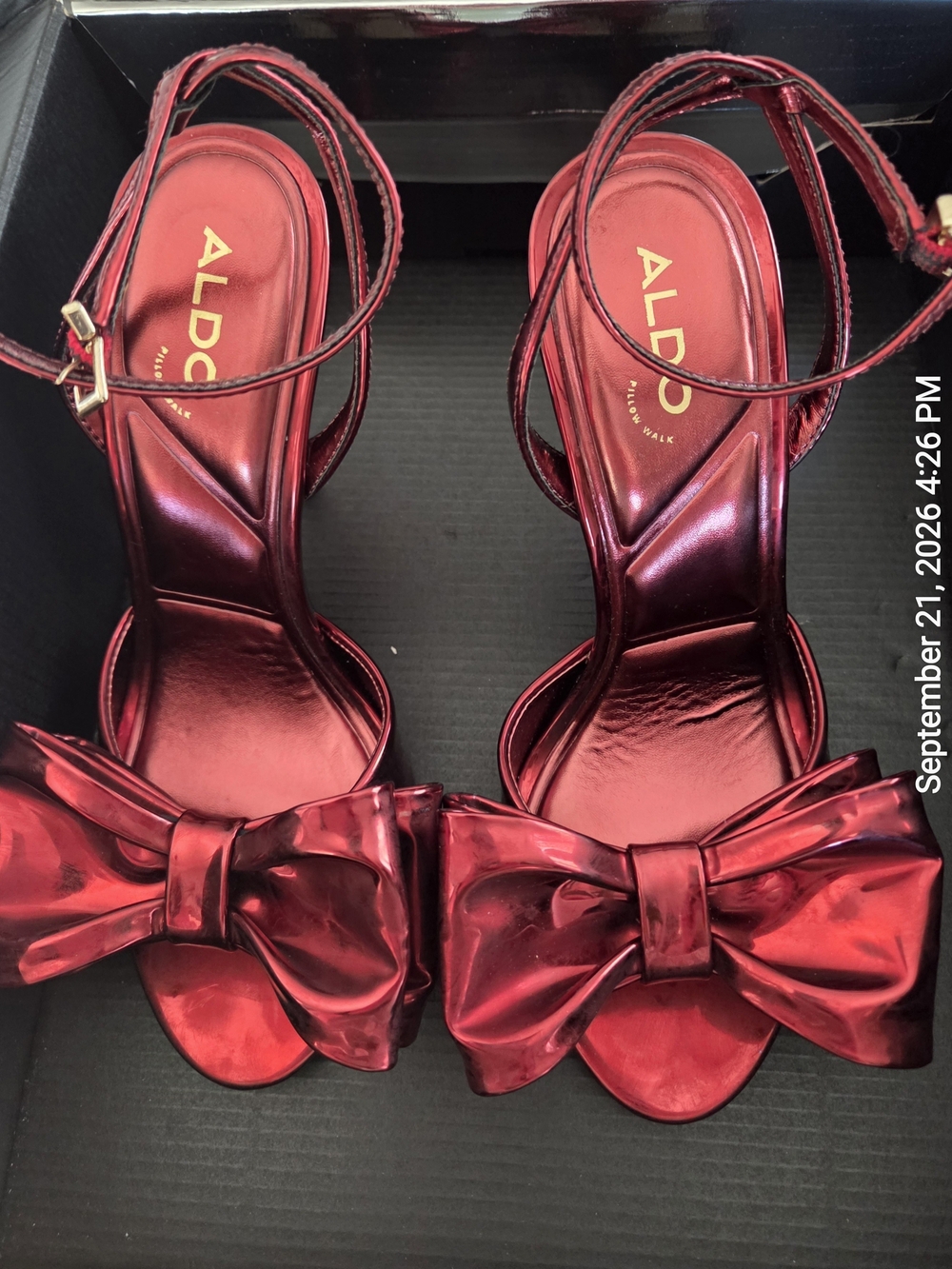 ALDO Tinsletta Red Metallic Bow Ankle-Strap Heels